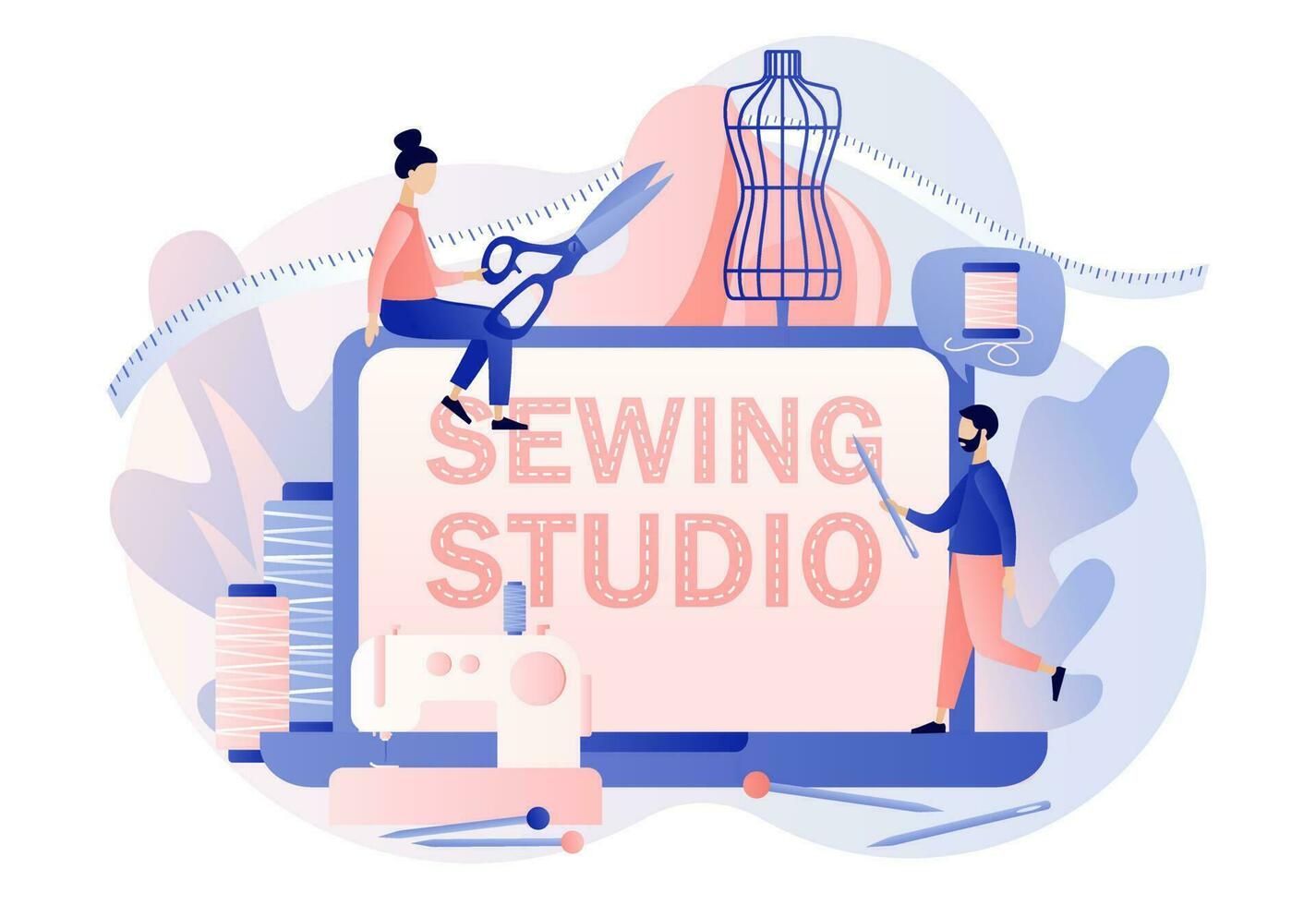 Sewing studio web site. Tiny people tailors create outfit and apparel in workshop or atelier. Big laptop, sewing machine, mannequin, tools and materials. Modern flat cartoon style. Vector illustration