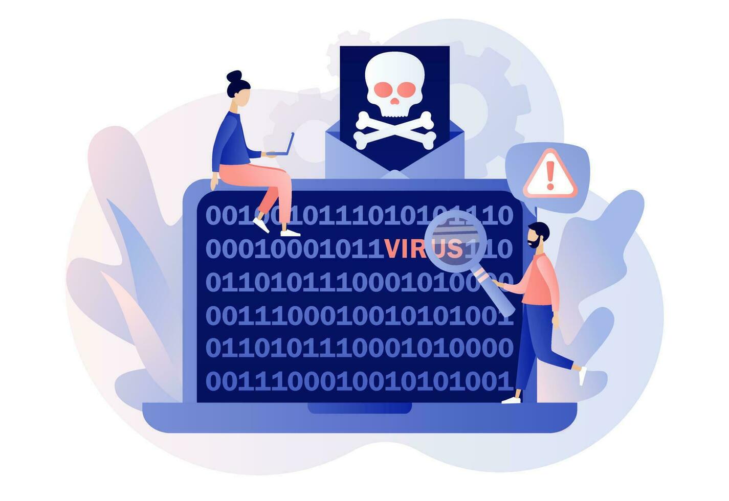 Computer virus concept. Hacker attack and web security. Scam alert. Code on laptop screen. Spam, malicious application. Envelope with skull. Modern flat cartoon style. Vector illustration