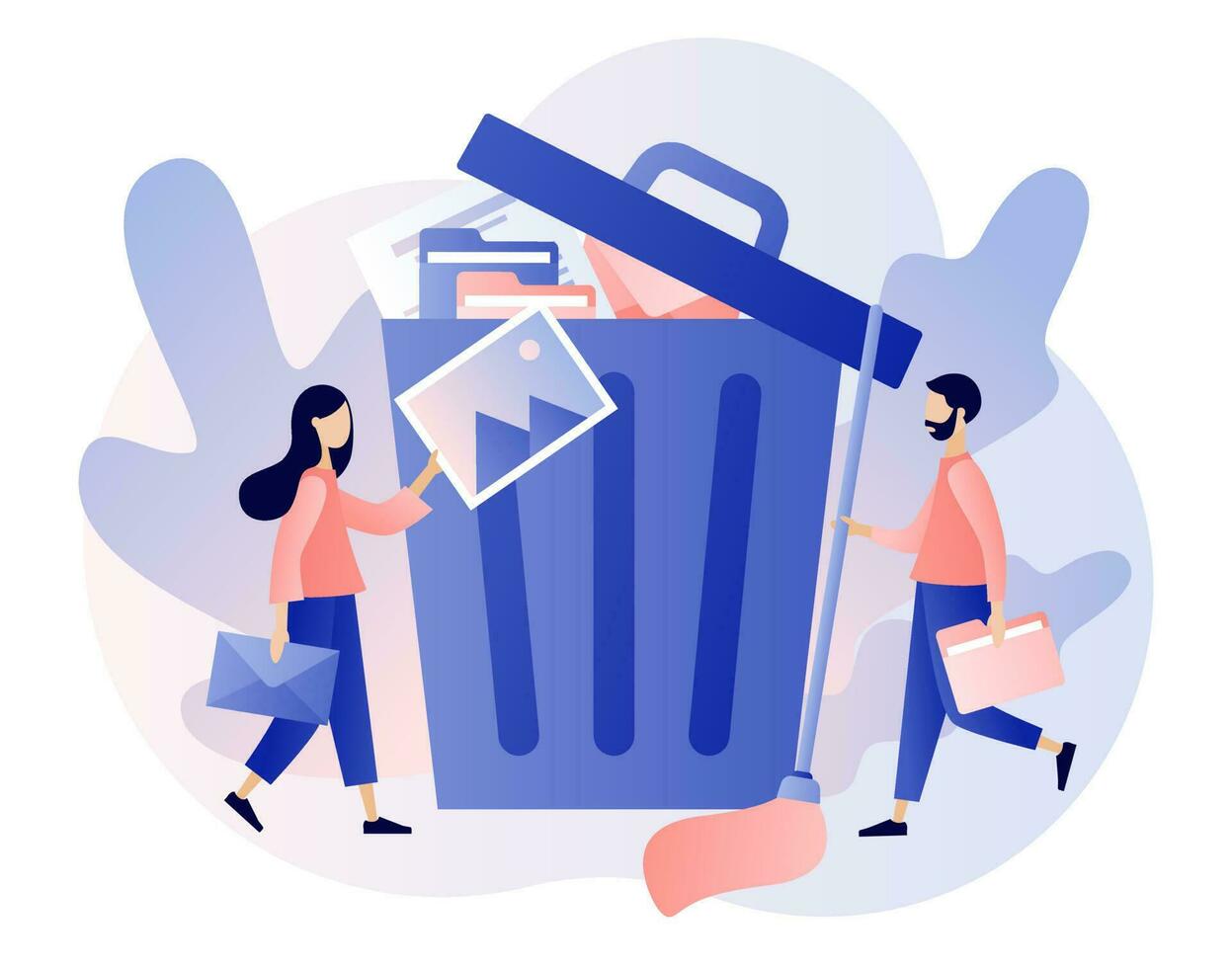 Tiny people deleting file and move unnecessary files to the big trash bin. Delete concept. Cleaning digital memory. Modern flat cartoon style. Vector illustration on white background