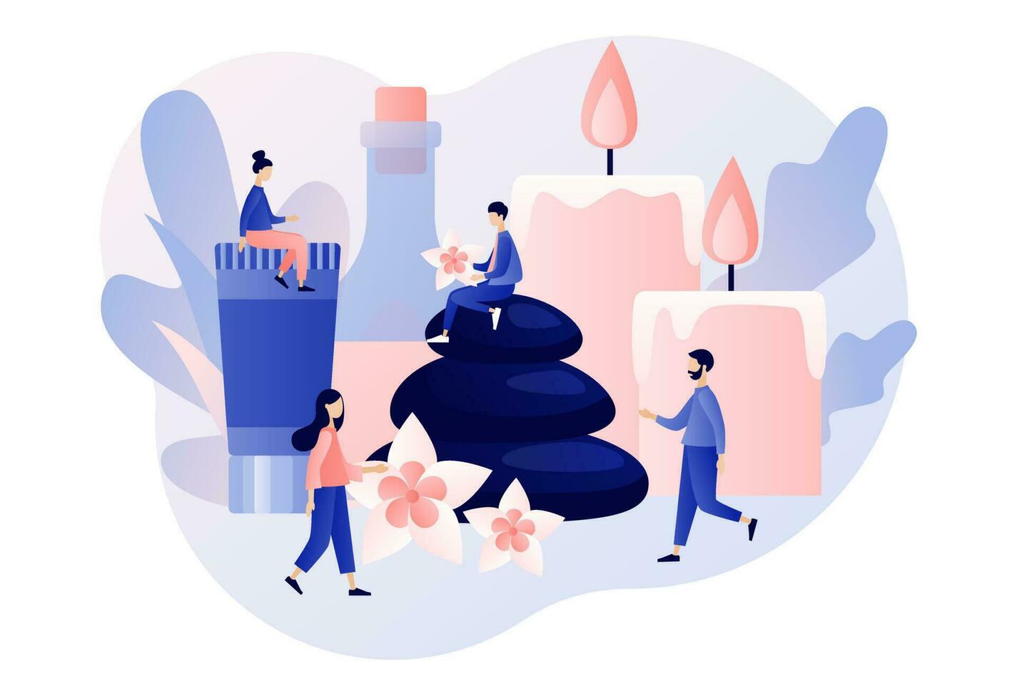 Spa therapy concept. Tiny people relaxing with accessories for relaxing atmosphere, candles, aroma oils, hot stones. Beauty procedure and body care. Modern flat cartoon style. Vector illustration