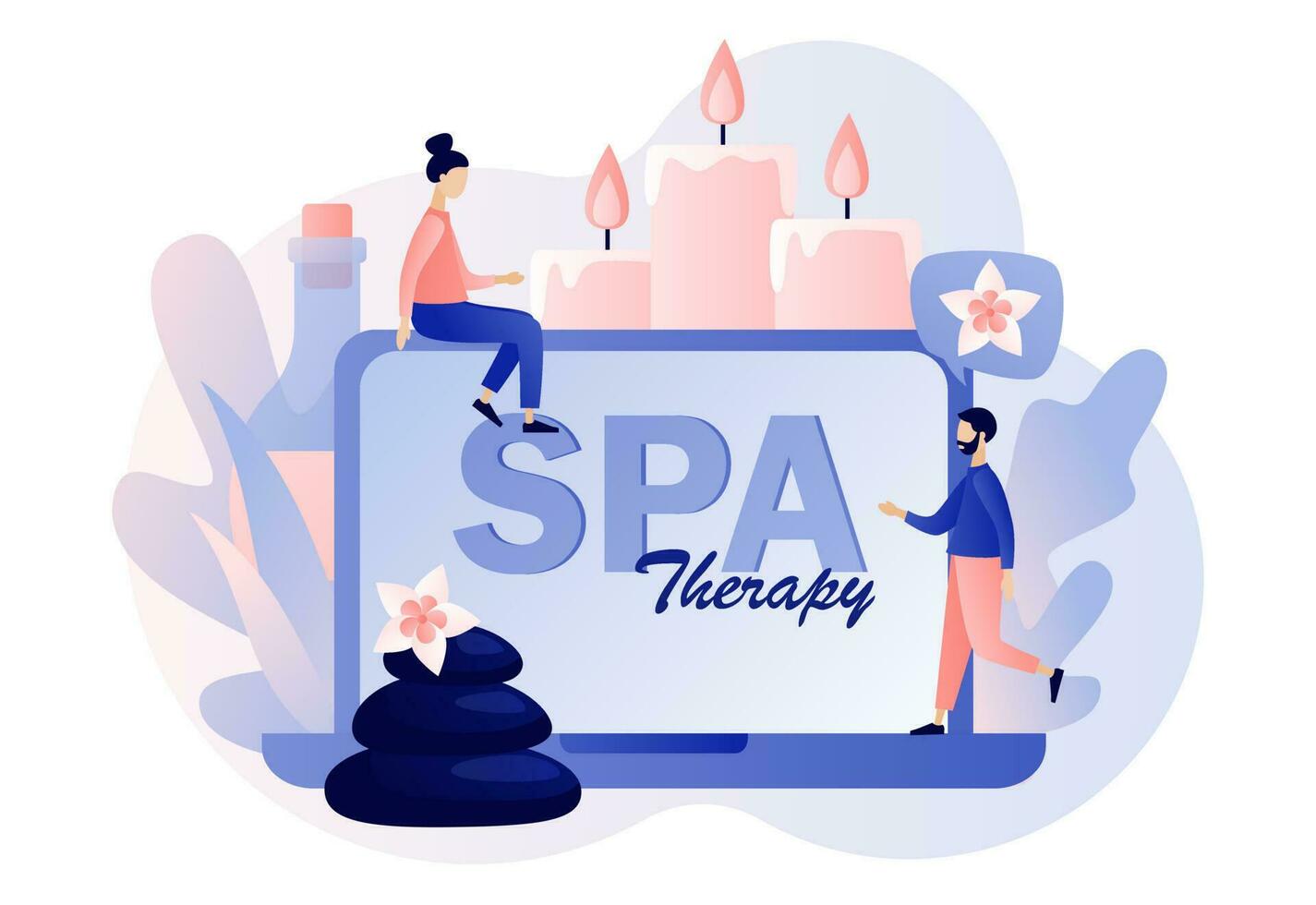 Spa therapy web site. Beauty procedure and body care. Tiny people with big laptop and accessories for relaxing atmosphere, candles, aroma oils, hot stones. Modern flat cartoon style. Vector
