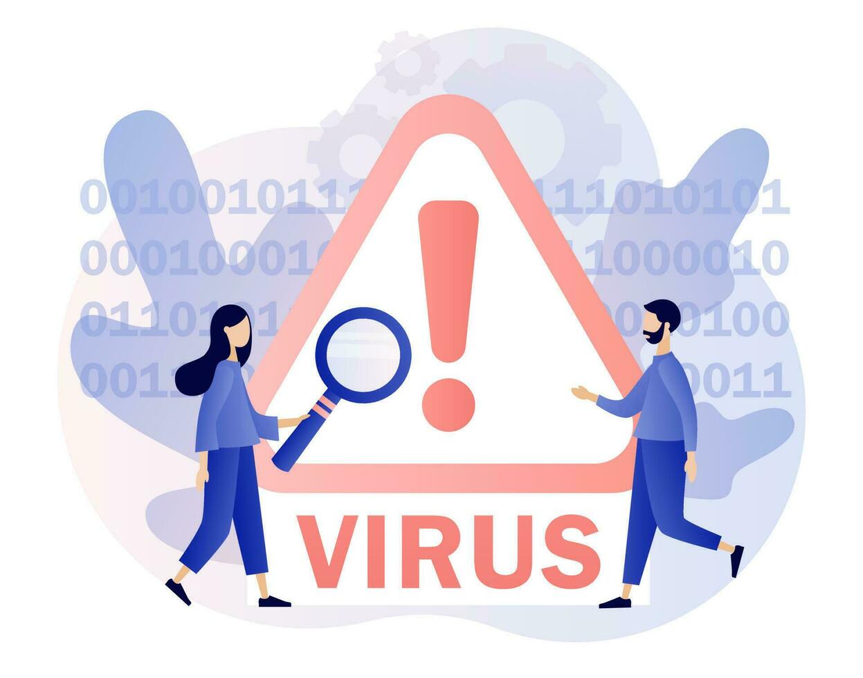 computadora virus concepto. minúsculo personas y estafa alerta. hacker ataque y web seguridad. correo basura, malicioso solicitud. moderno plano dibujos animados estilo. vector ilustración en blanco antecedentes