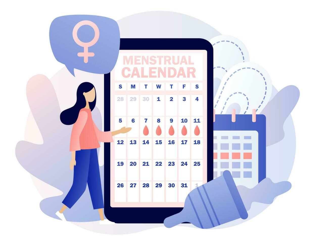 Menstruation period. Tiny girl with smatrphone app monthly calendar, menstrual cup, tampon and tablets. Menstrual protection and feminine hygiene. Modern flat cartoon style. Vector illustration