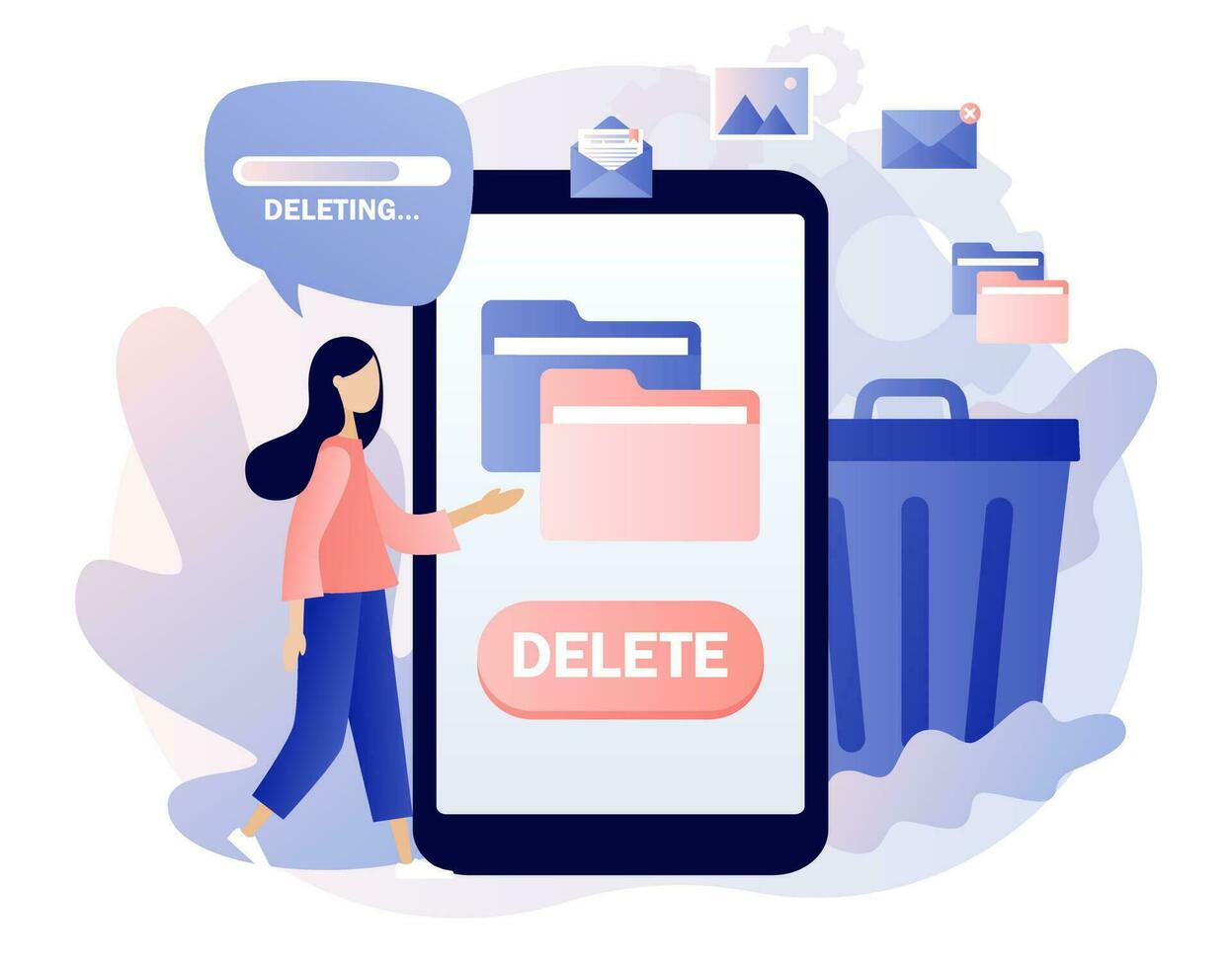 Delete concept. Tiny woman deleting data on smartphone. Move unnecessary files to the trash bin. Cleaning digital memory. Modern flat cartoon style. Vector illustration on white background