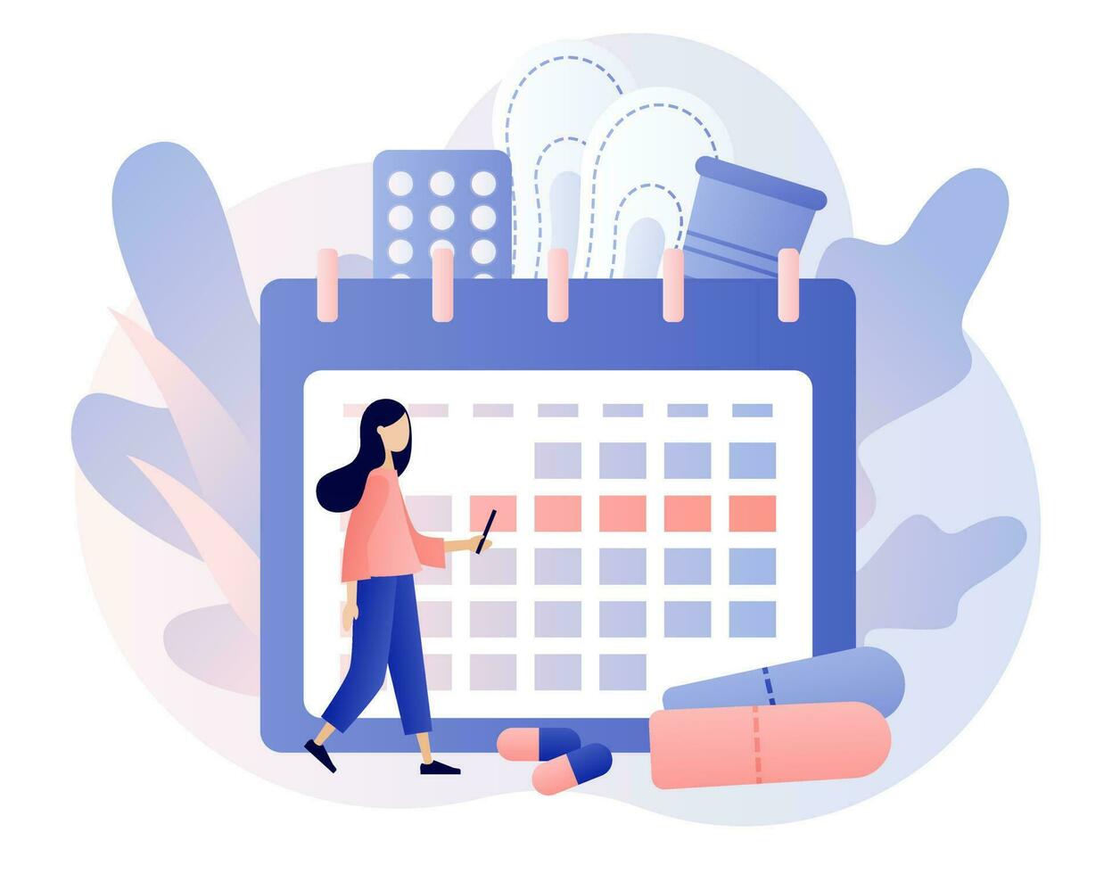 Menstruation period concept. Tiny girl with big monthly calendar, menstrual cup, tampon and tablets. Menstrual protection and feminine hygiene. Modern flat cartoon style. Vector illustration