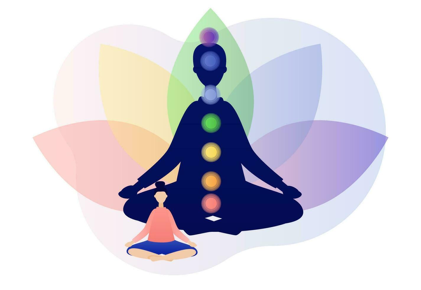 Meditation concept. Tiny woman sitting in lotus pose. Yoga online, relax, recreation, healthy lifestyle. Colorful 9 chakras. Modern flat cartoon style. Vector illustration on white background