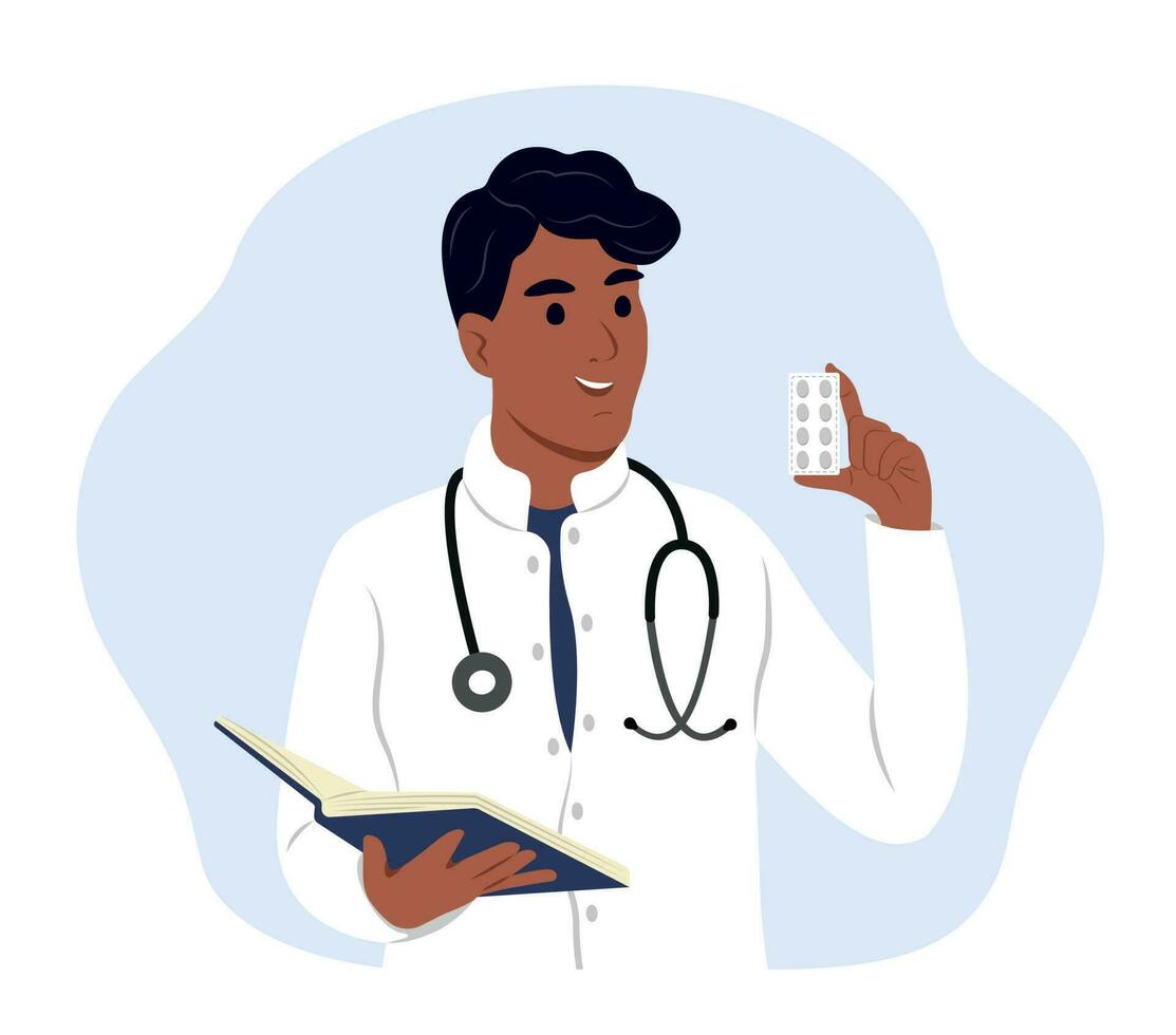 médico negro con medicamento. un médico escribe un prescripción. vector