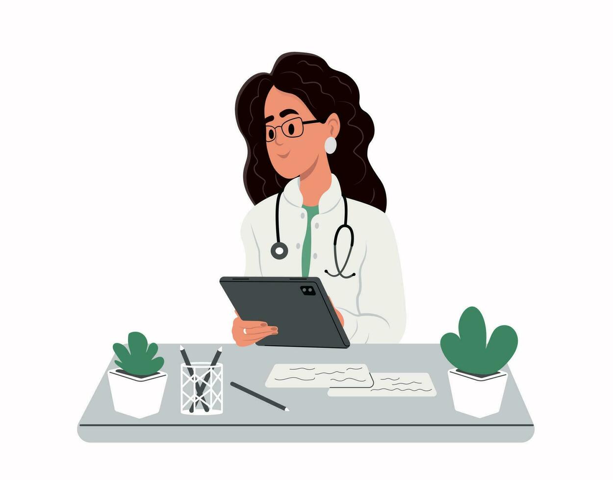 Online medical consultation on a digital tablet. Smiling female doctor wearing white uniform holding tablet pc. vector