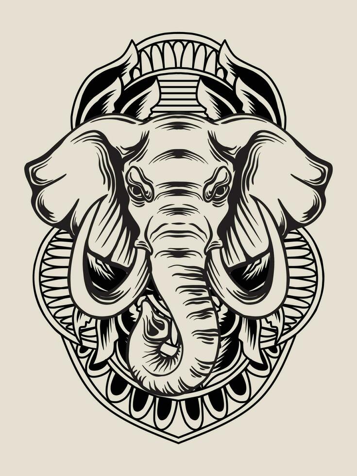 ilustración elefante cabeza con grabado ornamento vector