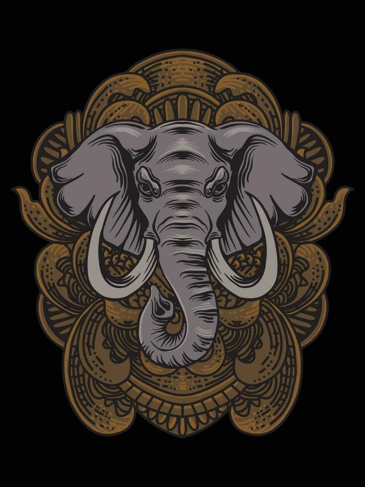 Illustration elephant head with engraving ornament vector