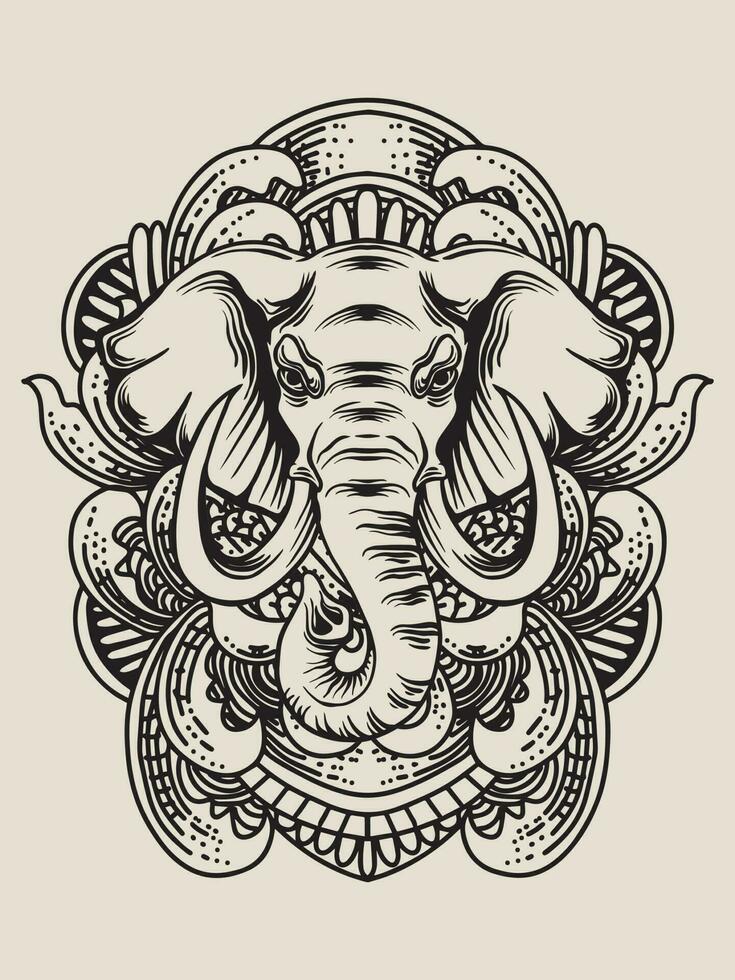 Illustration elephant head with engraving ornament vector