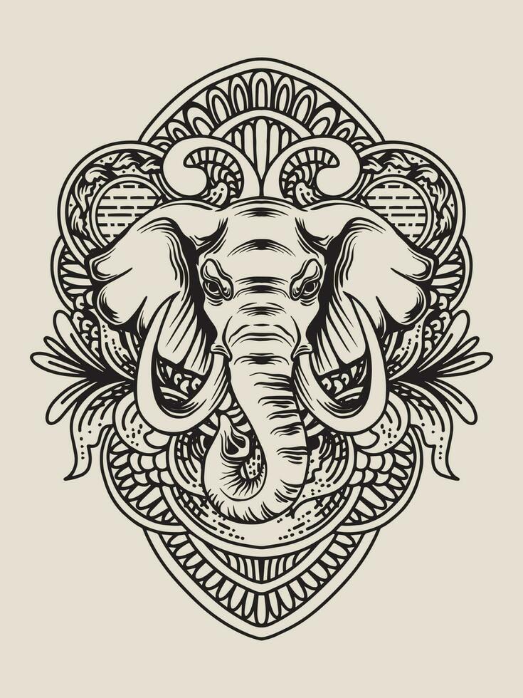 Illustration elephant head with engraving ornament vector