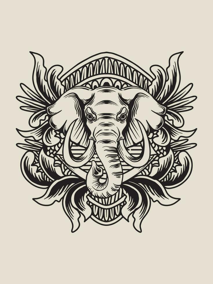 Illustration elephant head with engraving ornament vector