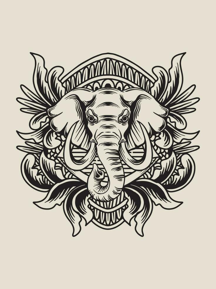 Illustration elephant head with engraving ornament vector