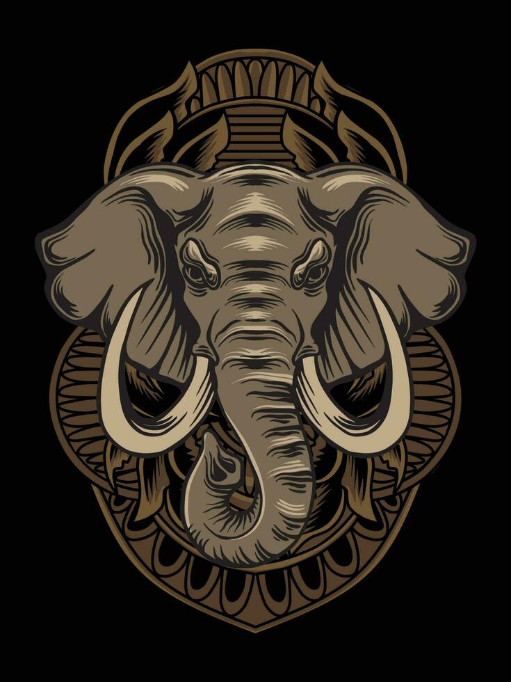 Illustration elephant head with engraving ornament vector