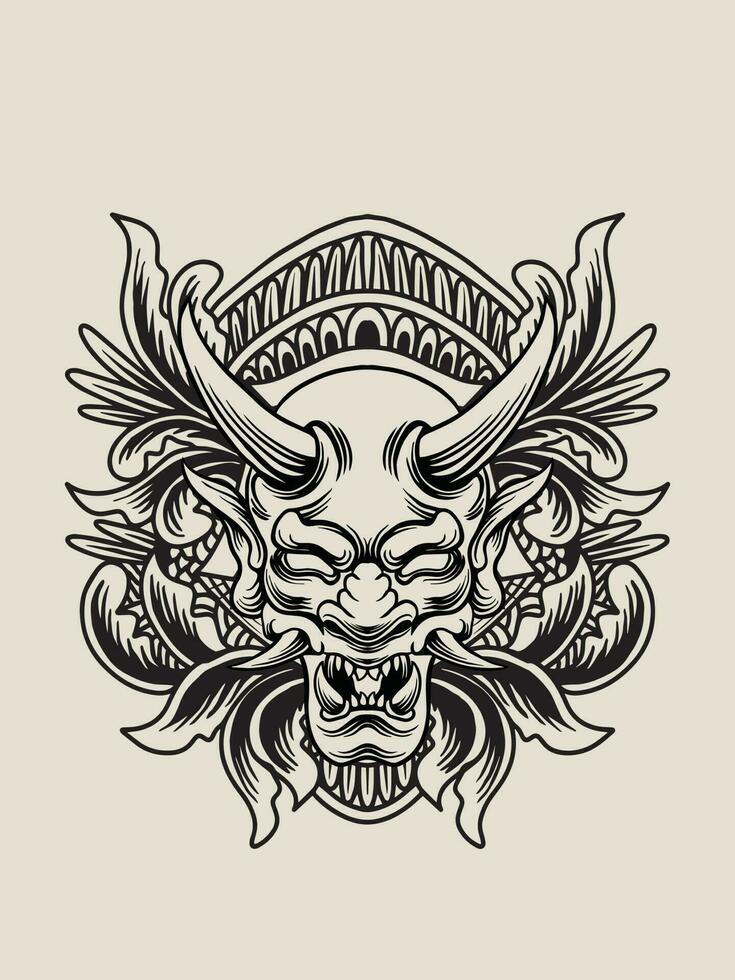 Illustration oni mask with engraving ornament vector
