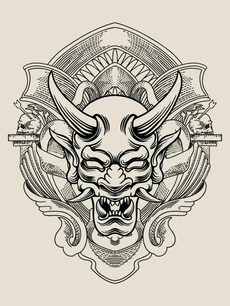 Illustration oni mask with engraving ornament vector