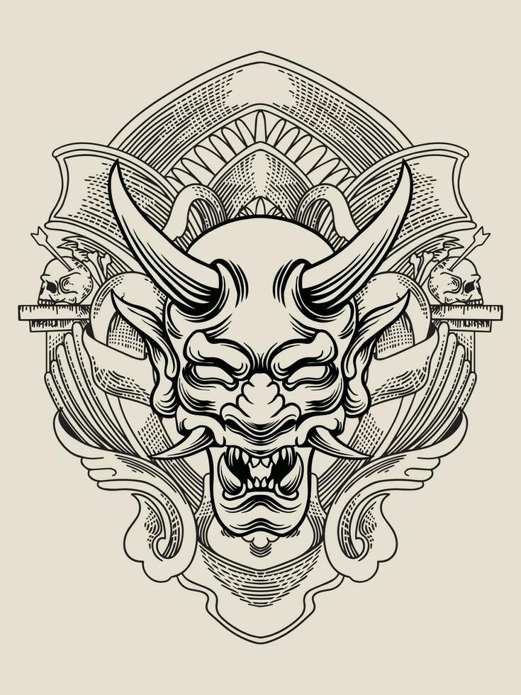 máscara de oni de ilustración con adorno de grabado vector