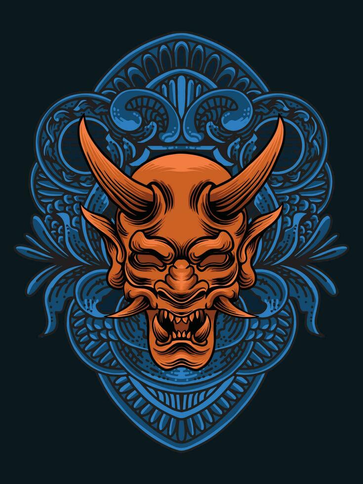 Illustration oni mask with engraving ornament vector
