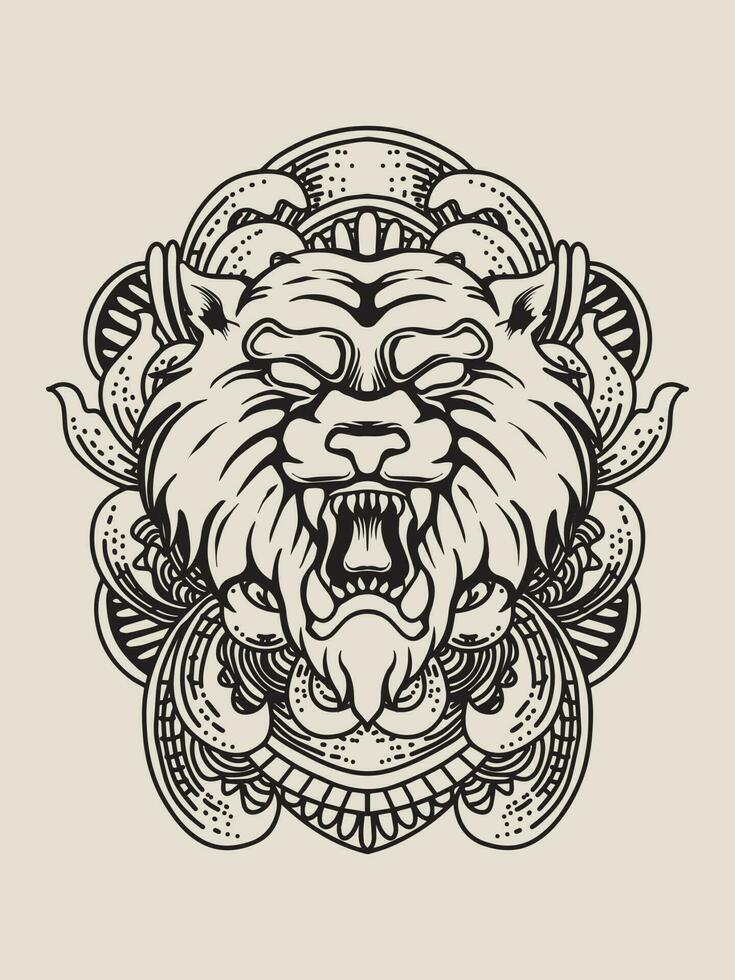 ilustración Tigre cabeza con grabado ornamento vector