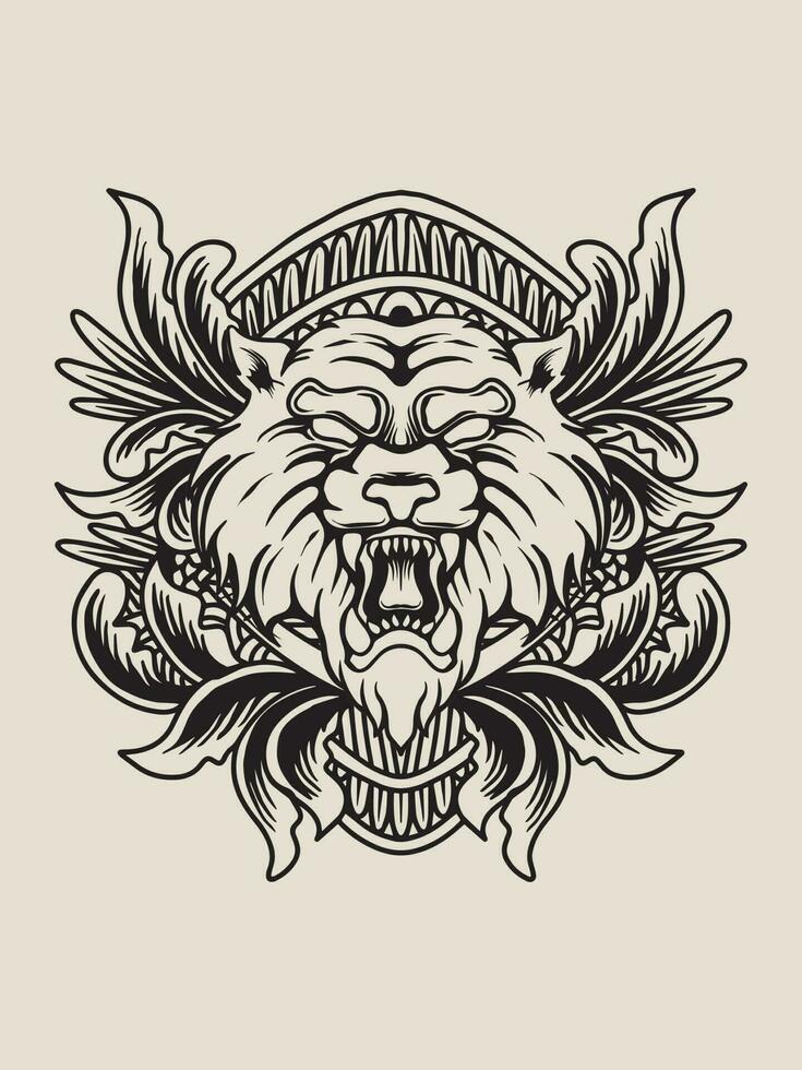 Illustration tiger head with engraving ornament vector