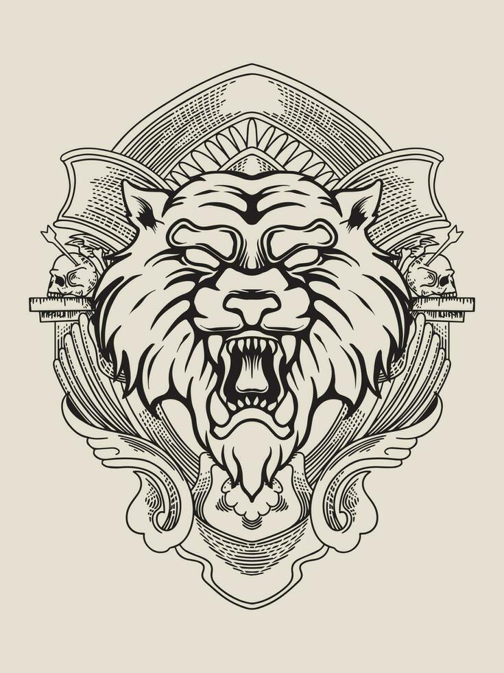 ilustración Tigre cabeza con grabado ornamento vector