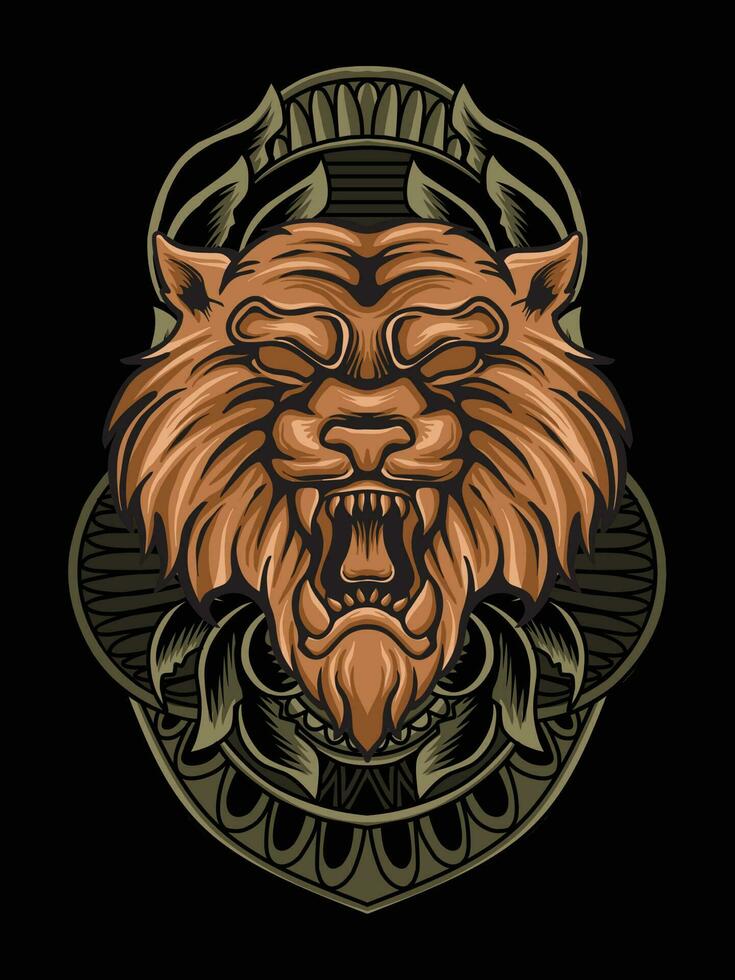 Illustration tiger head with engraving ornament vector