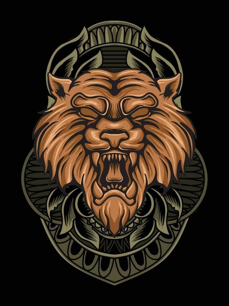 ilustración Tigre cabeza con grabado ornamento vector