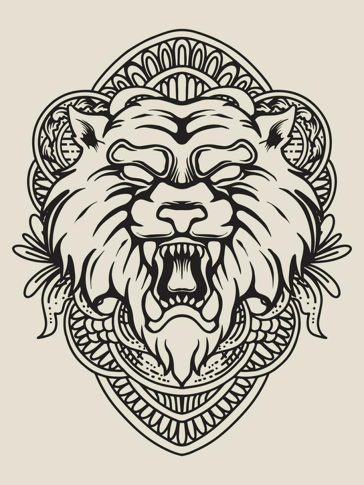 Illustration tiger head with engraving ornament vector