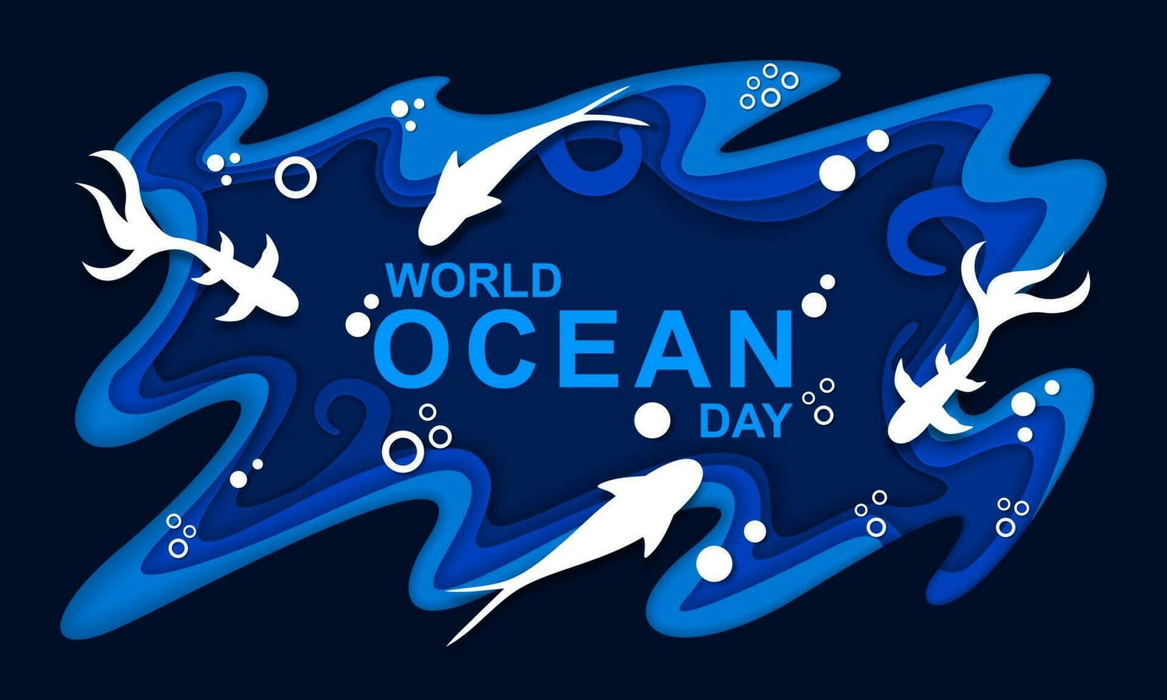 Poster world ocean day template. Paper cut underwater sea background vector. vector