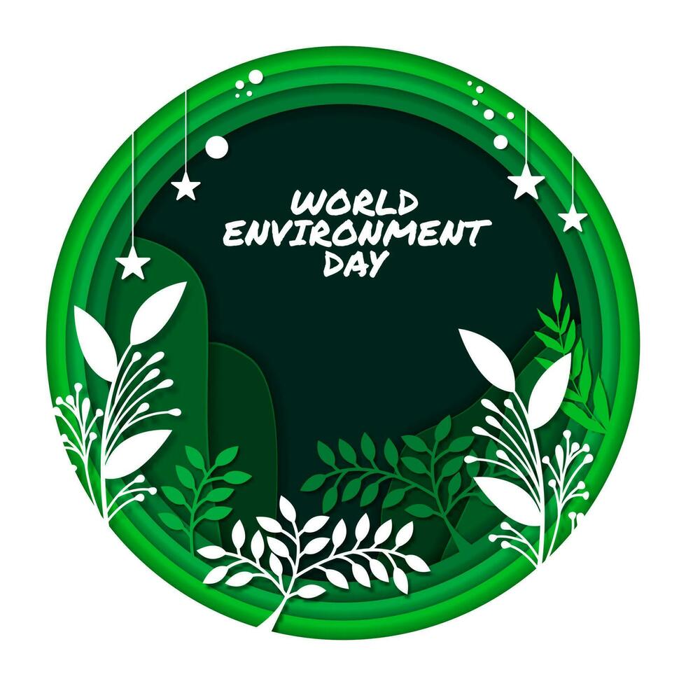 world environment day - green branch and leaves paper cut roll around circle globe on white background vector design