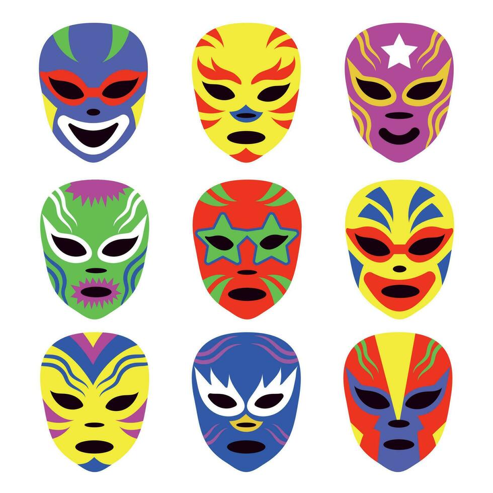 Various Lucha libre masks. Luchador colorful head set. Traditional Mexican wrestling masks. Hand drawn modern Vector illustration. Cartoon style