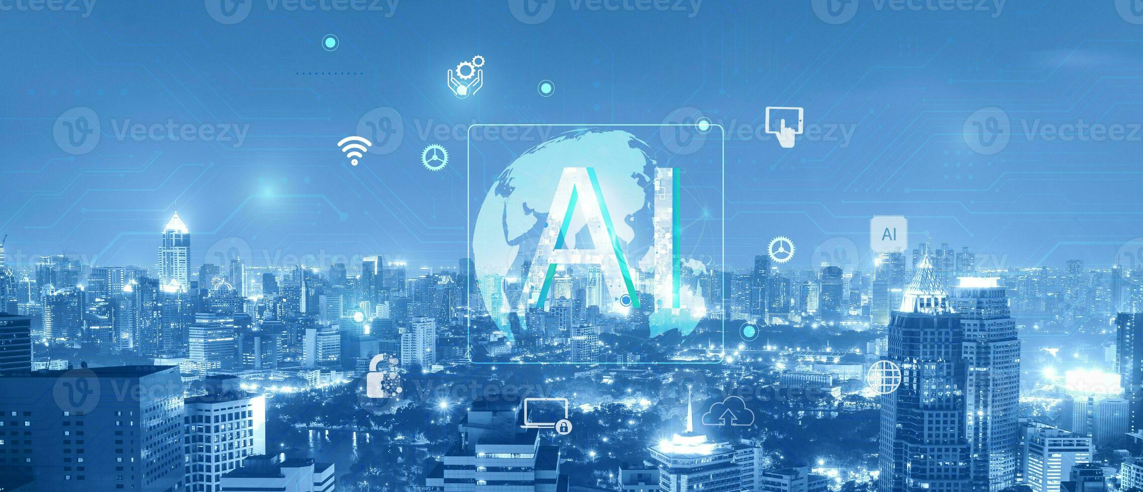 Artificial Intelligence AI and machine learning concept with cityscape background photo