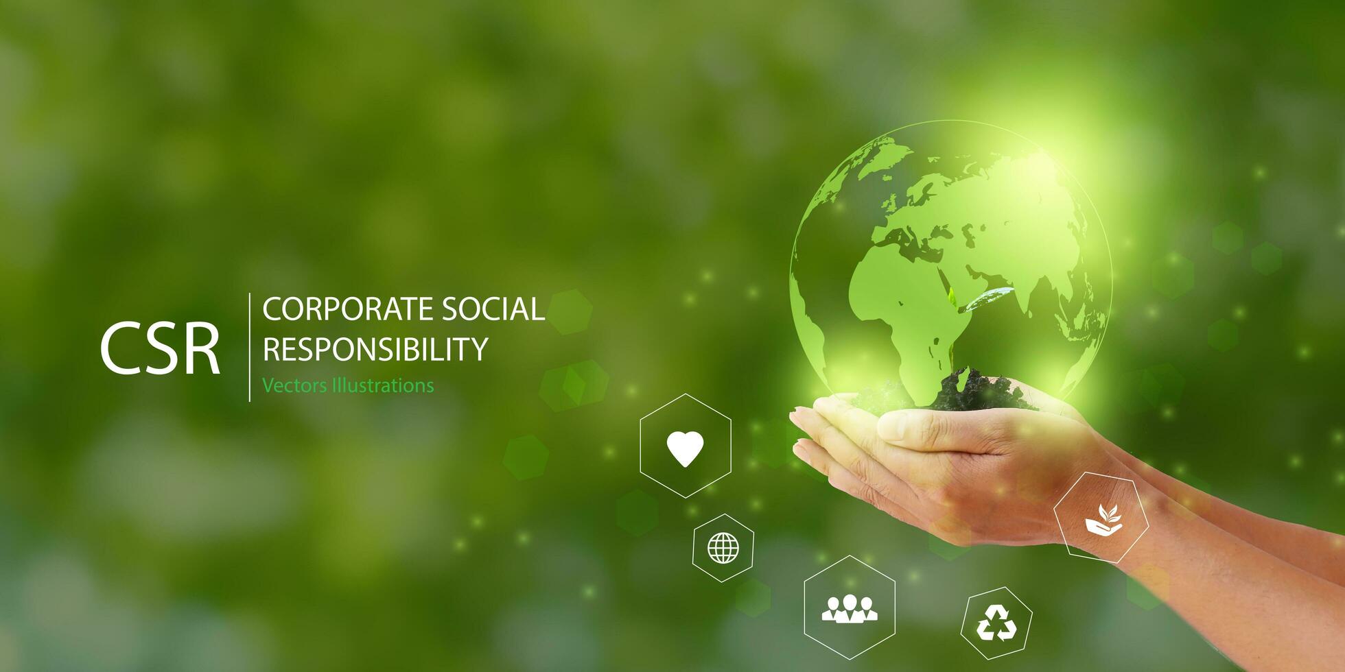 Hand holding Earth globe icon CSR concept design.Corporate social responsibility and giving back to the community on a green background.modern business concept. photo