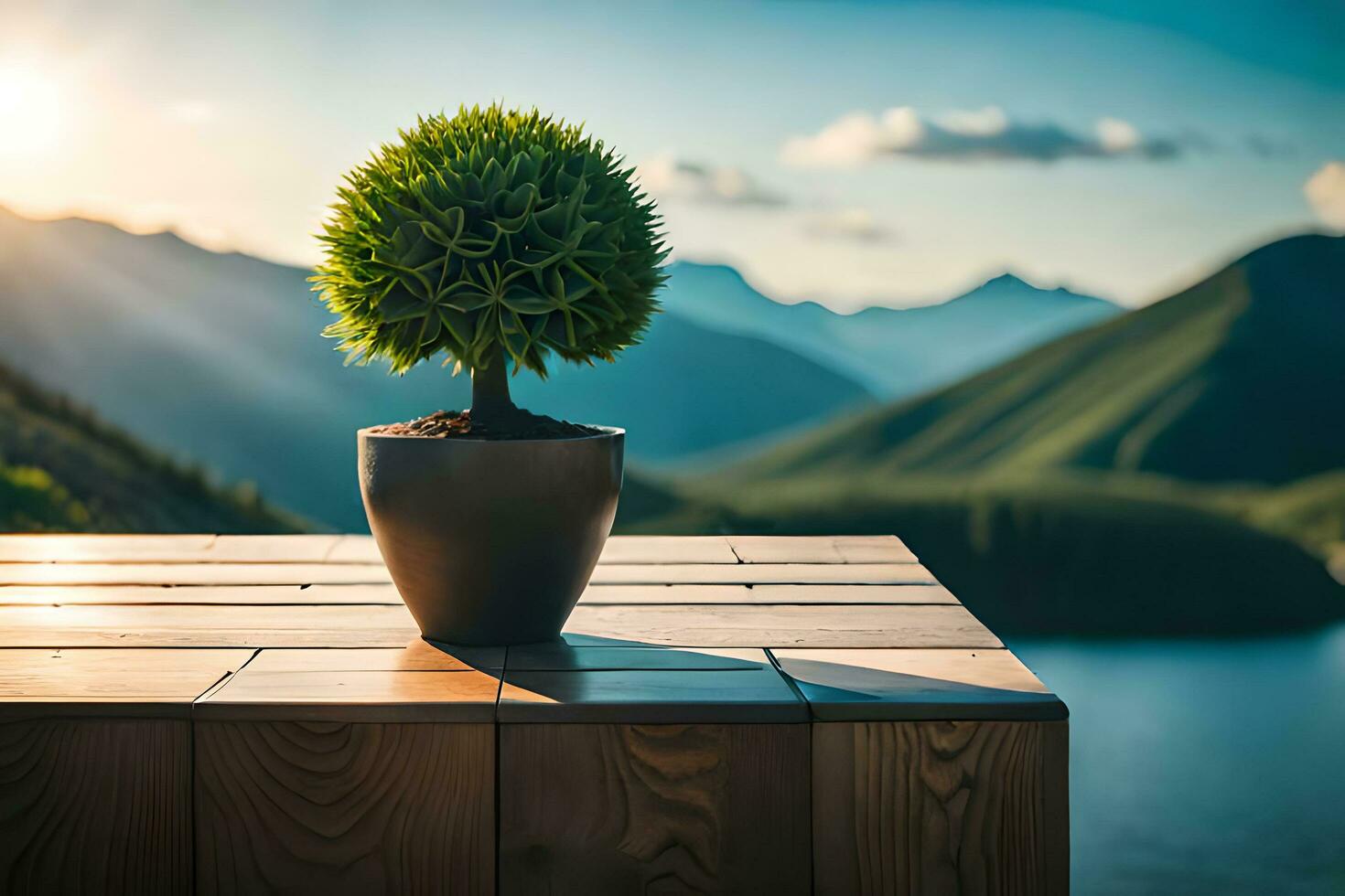 Plant in a pot on a wooden table against the background of mountains AI Generate photo