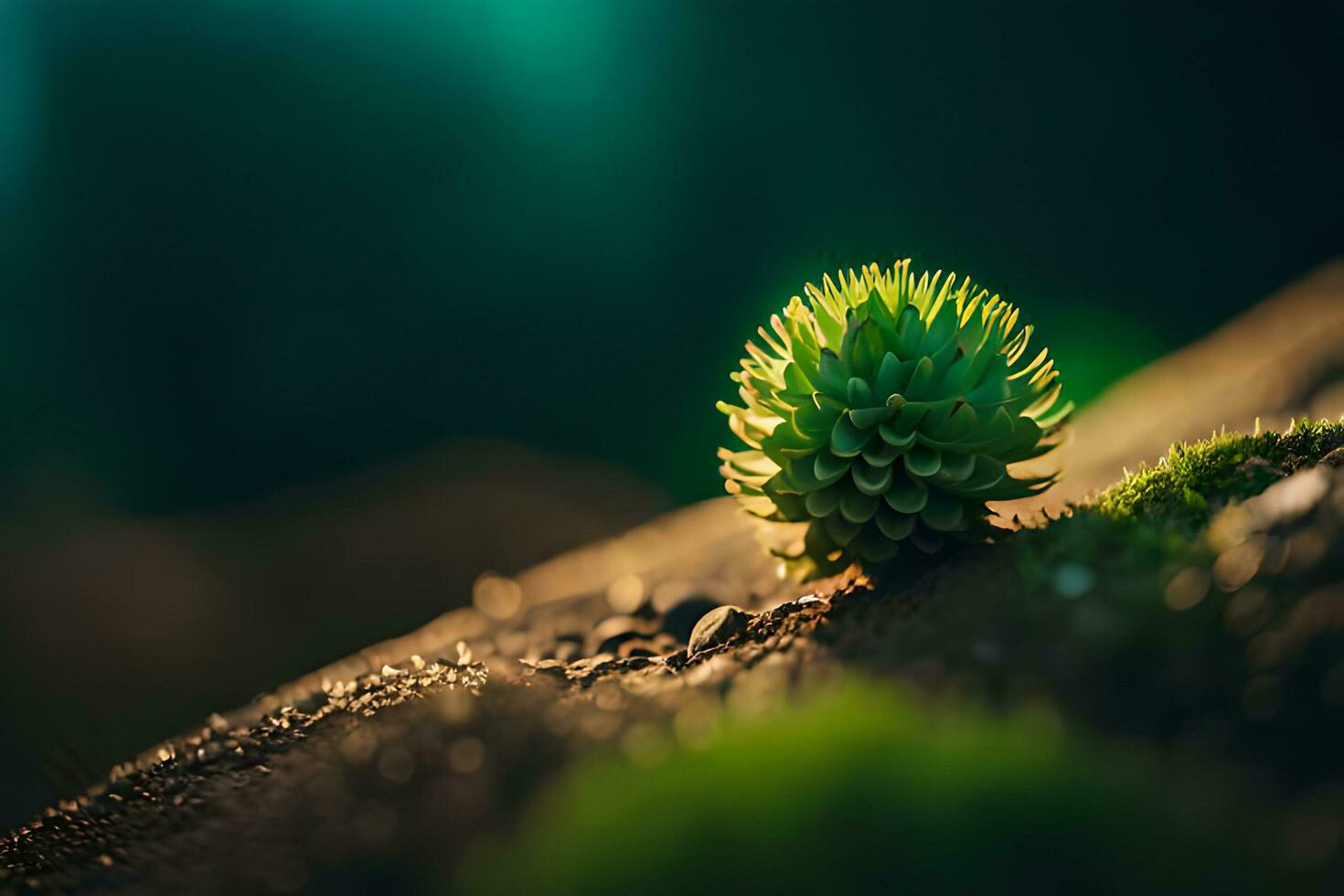 Succulent plant growing on mossy stone with bokeh background AI Generate photo