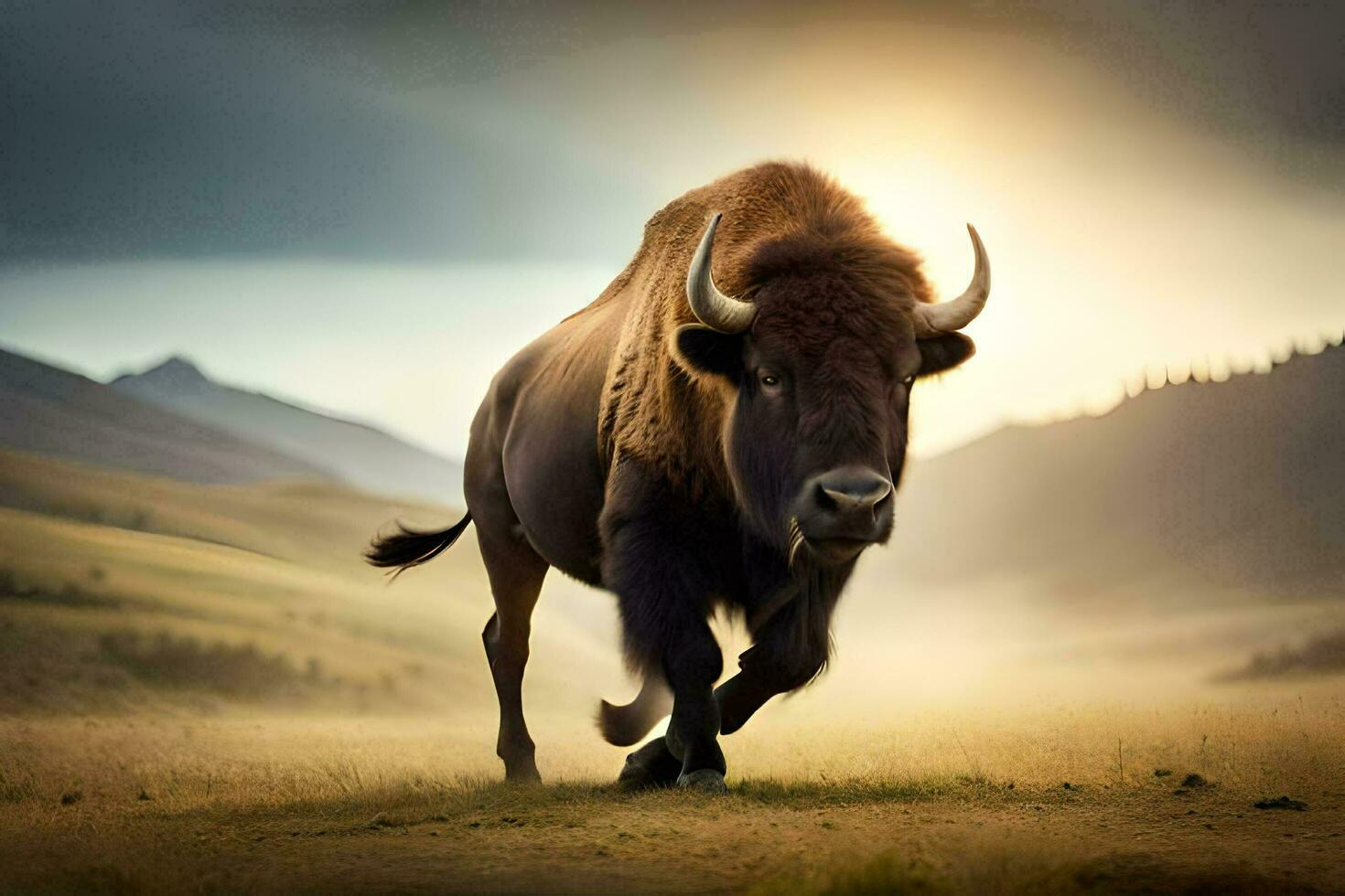 Bison running in the steppe. Wild animal in the steppe AI Generate photo