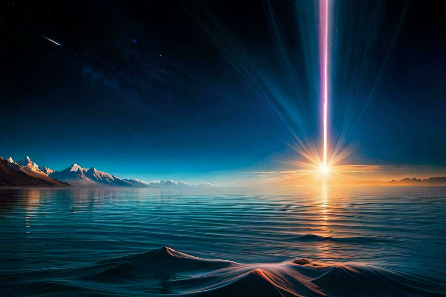Fantastic sunset over the lake. Dramatic scene. Beauty world. AI Generate photo