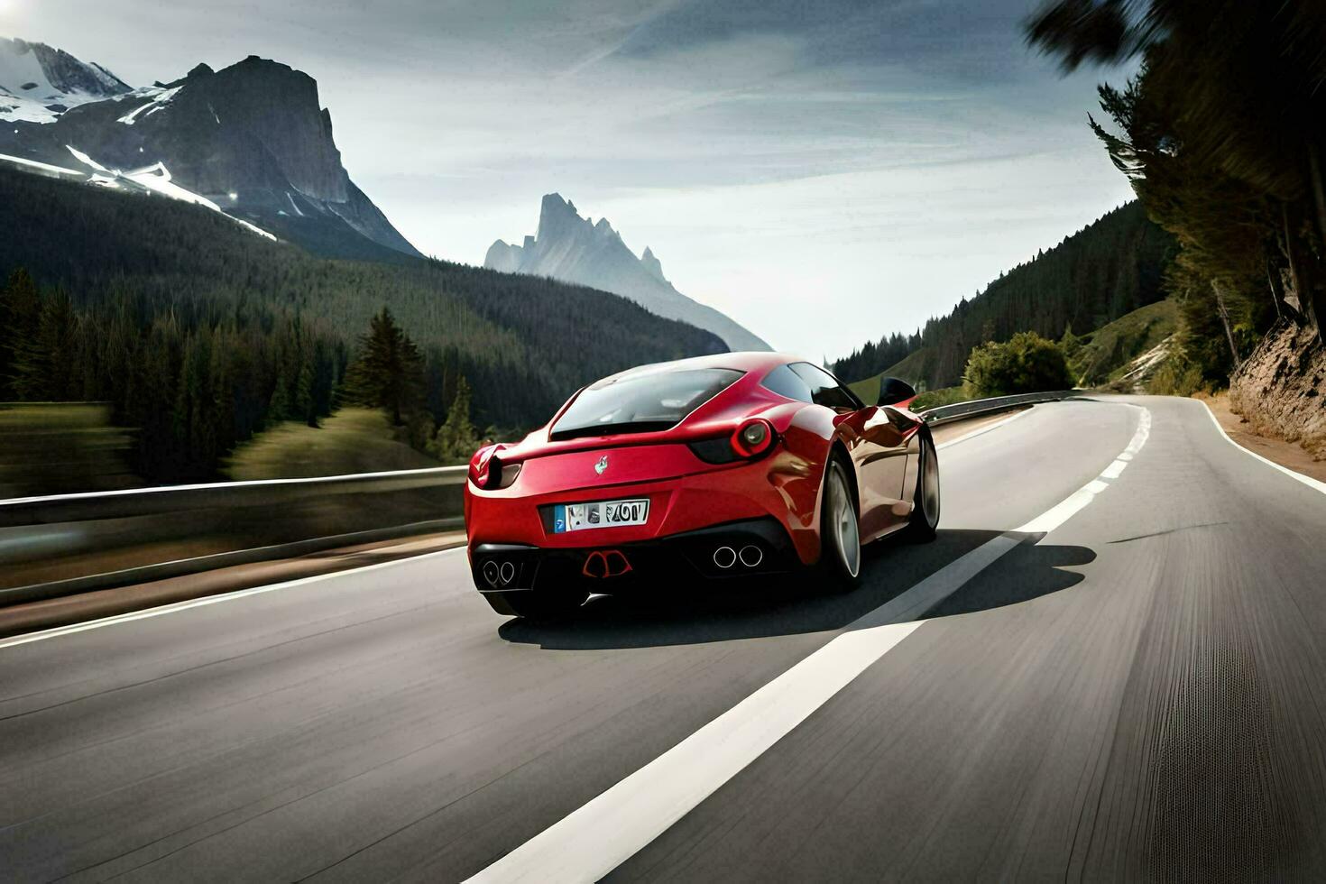 Red sports car on the road in the mountains AI Generate photo