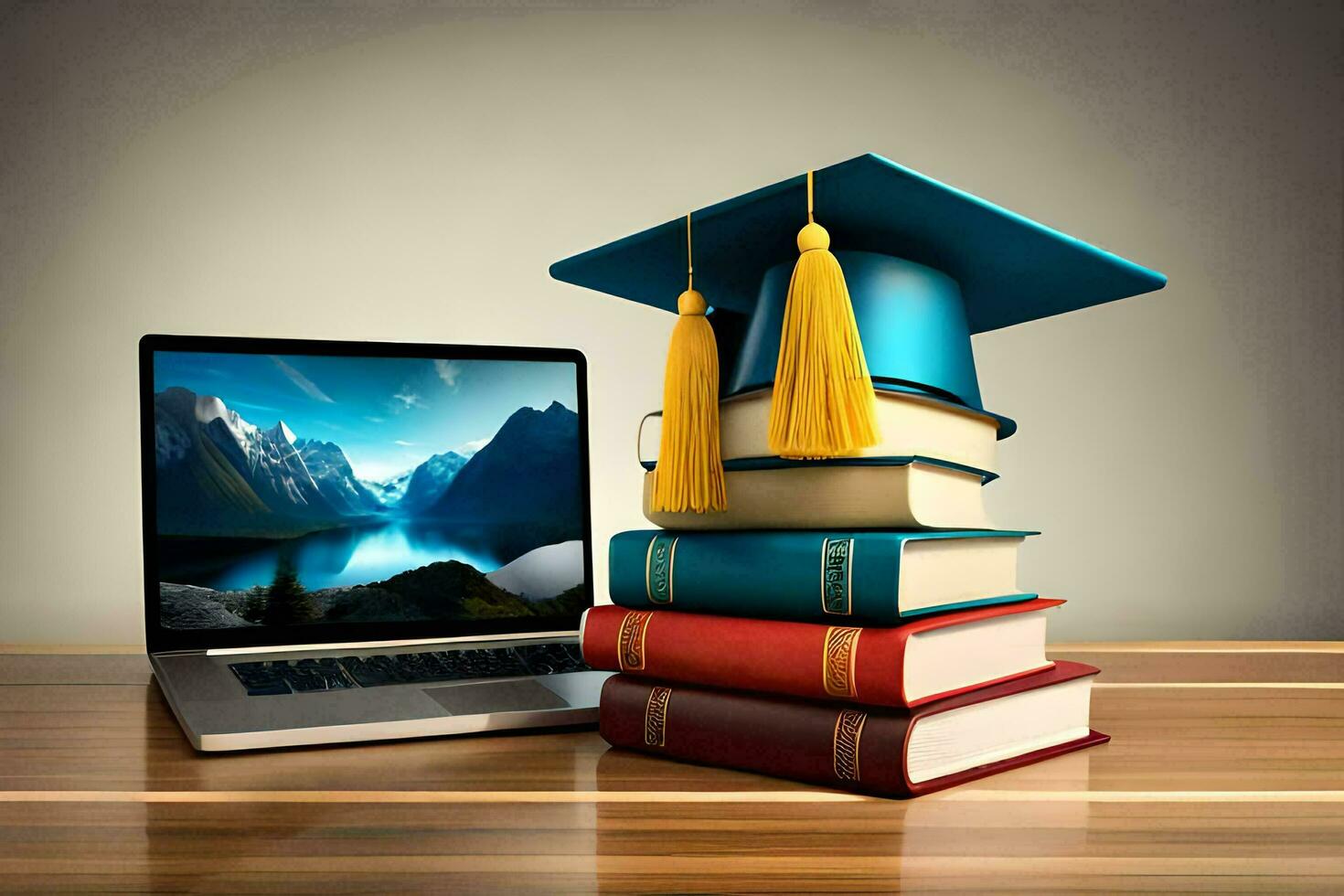 Laptop with graduation hat and books. Education concept AI Generate photo