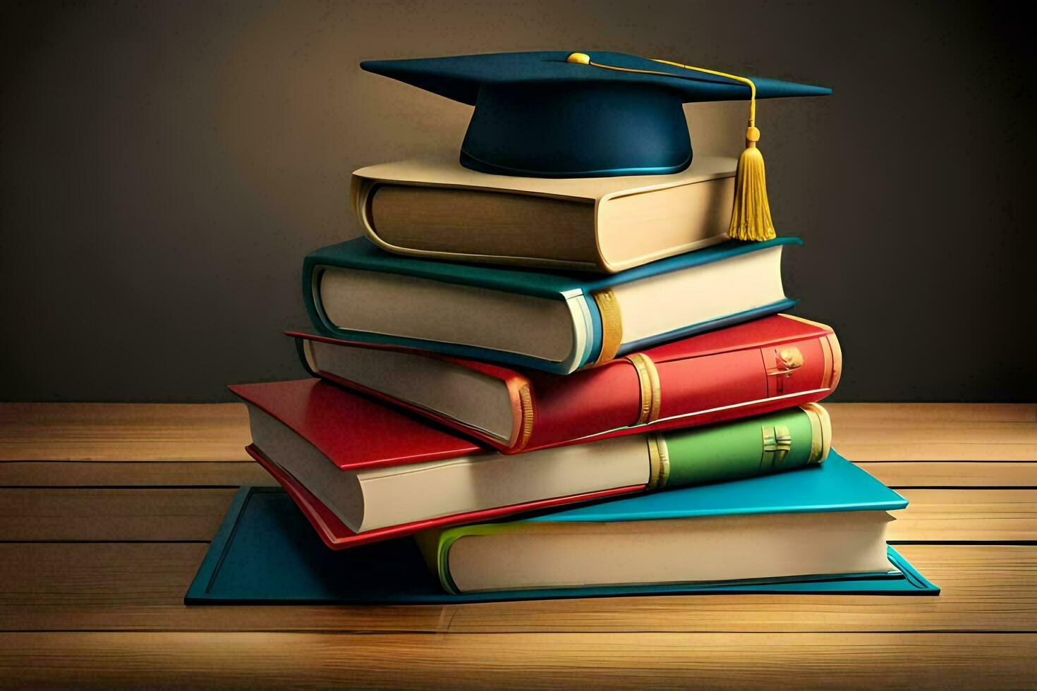 Graduation cap on stack of books. Education concept AI Generate photo