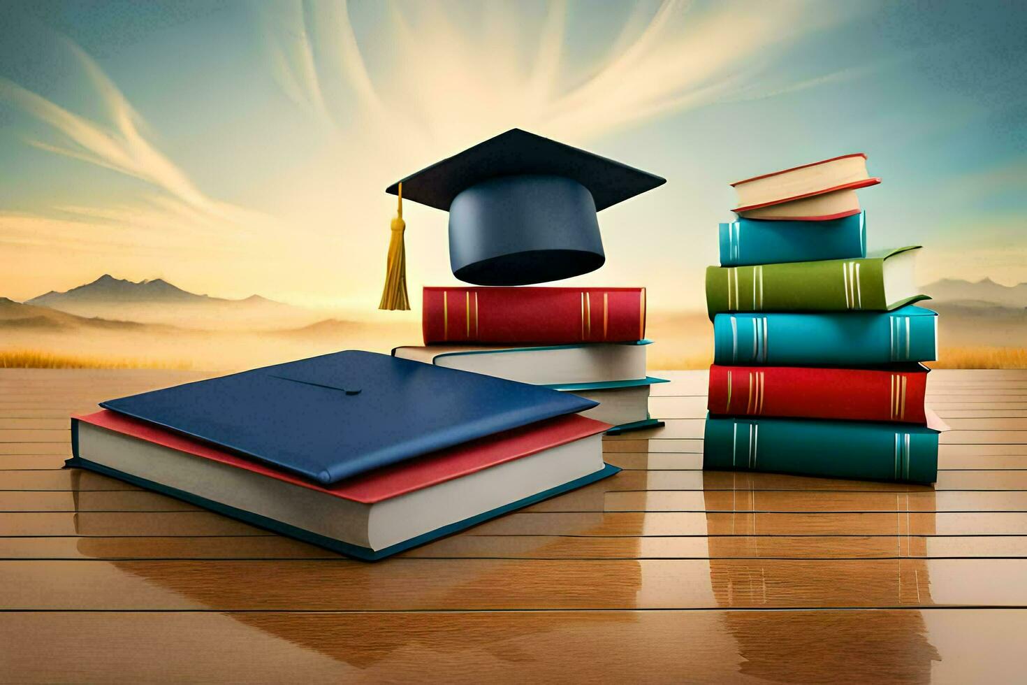 Graduation hat on stack of books on wooden floor with mountain background AI Generate photo