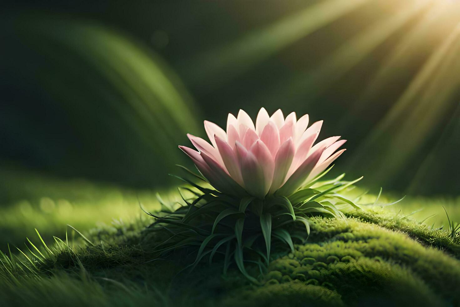 Beautiful pink lotus flower on green grass with sunlight background AI Generate photo