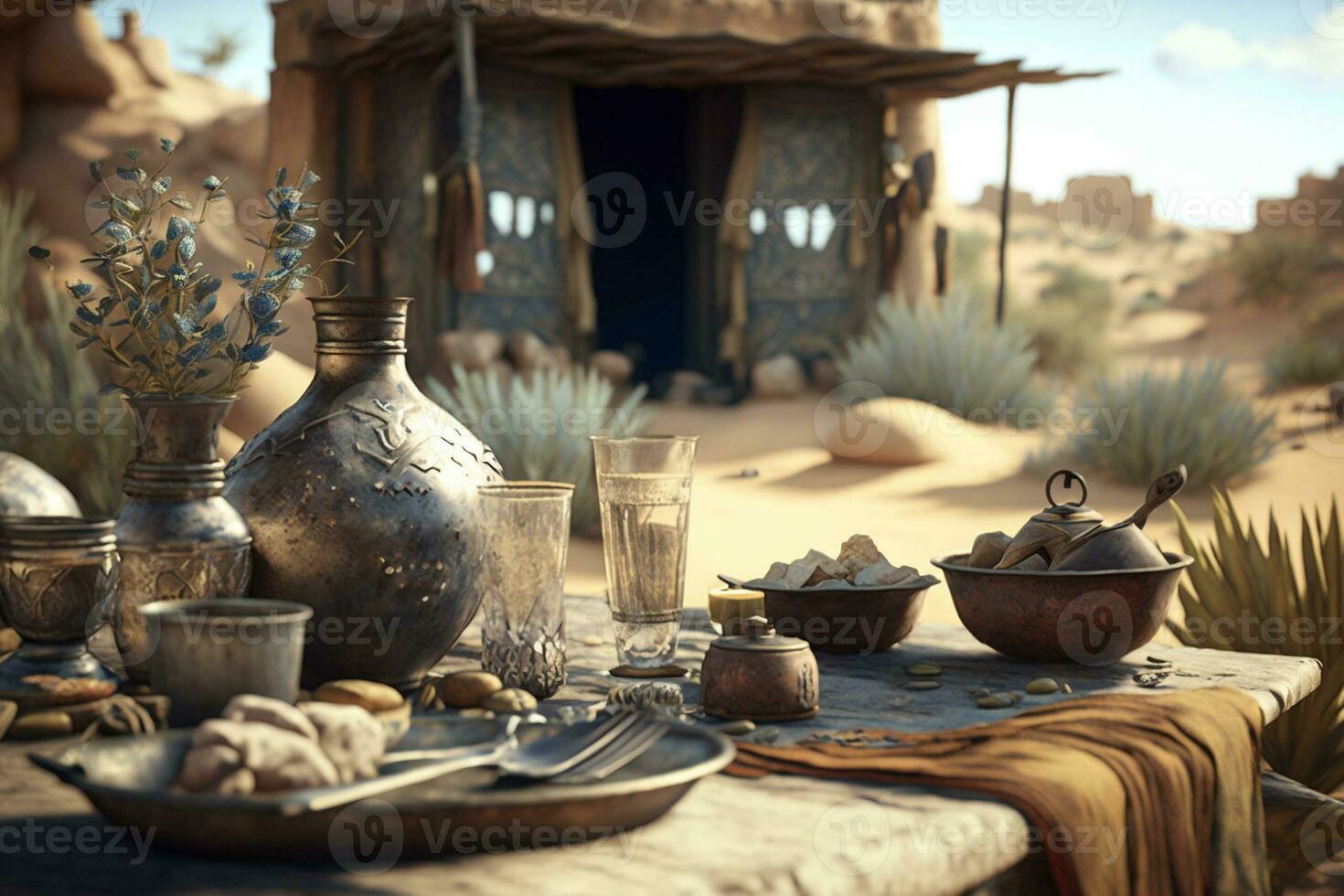 Vintage clay vases and pottery on the table in morocco AI Generate photo