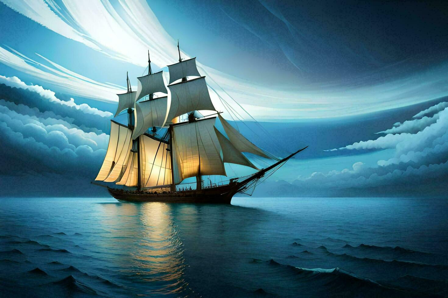 Sailing ship in the ocean at sunset AI Generate photo