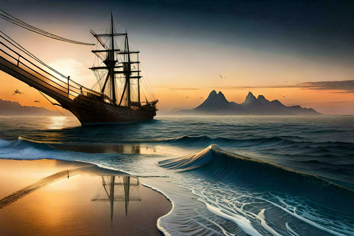 Pirate ship in the sea at sunset AI Generate photo