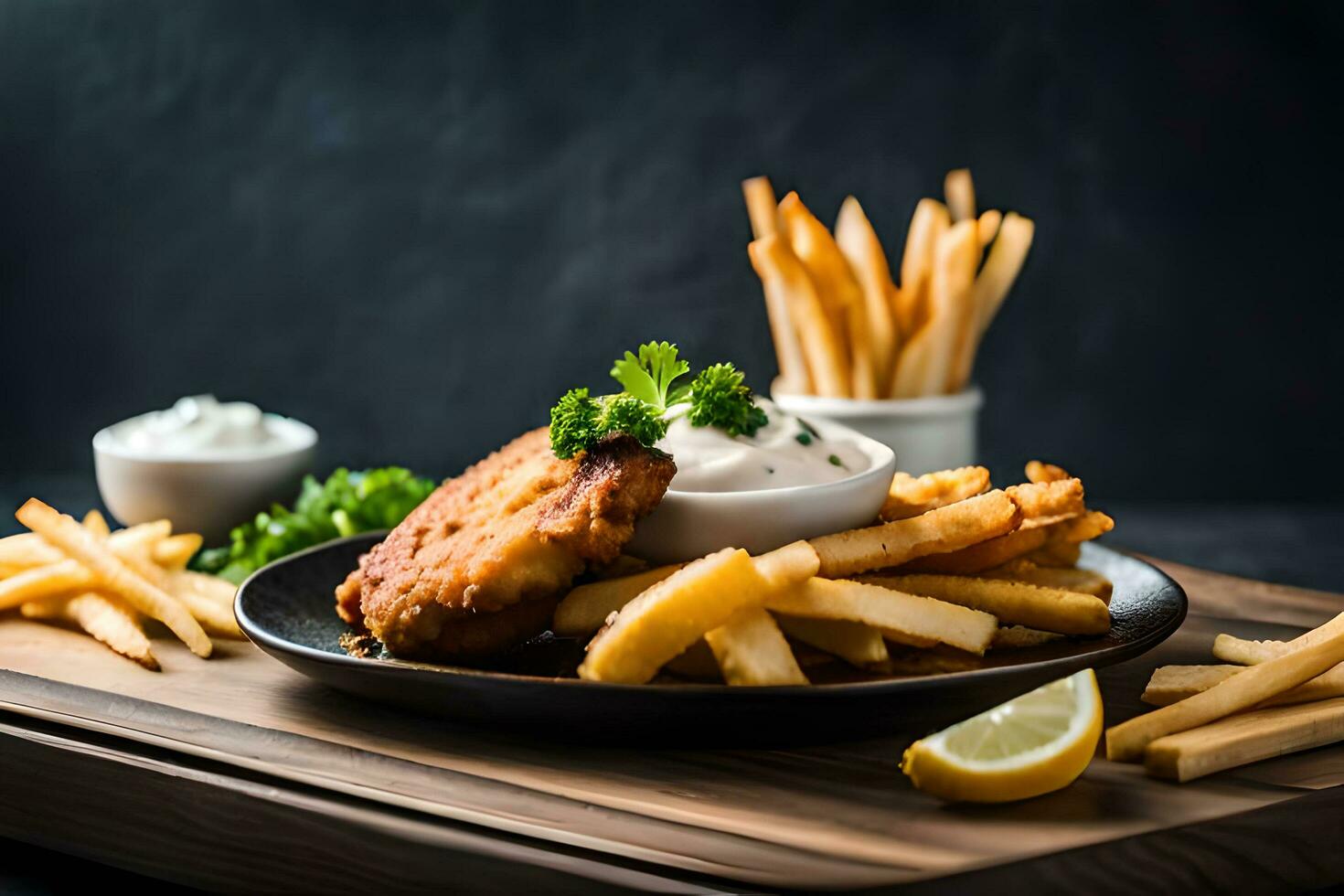 Fried fish and chips with mayonnaise and tartar sauce AI Generate photo