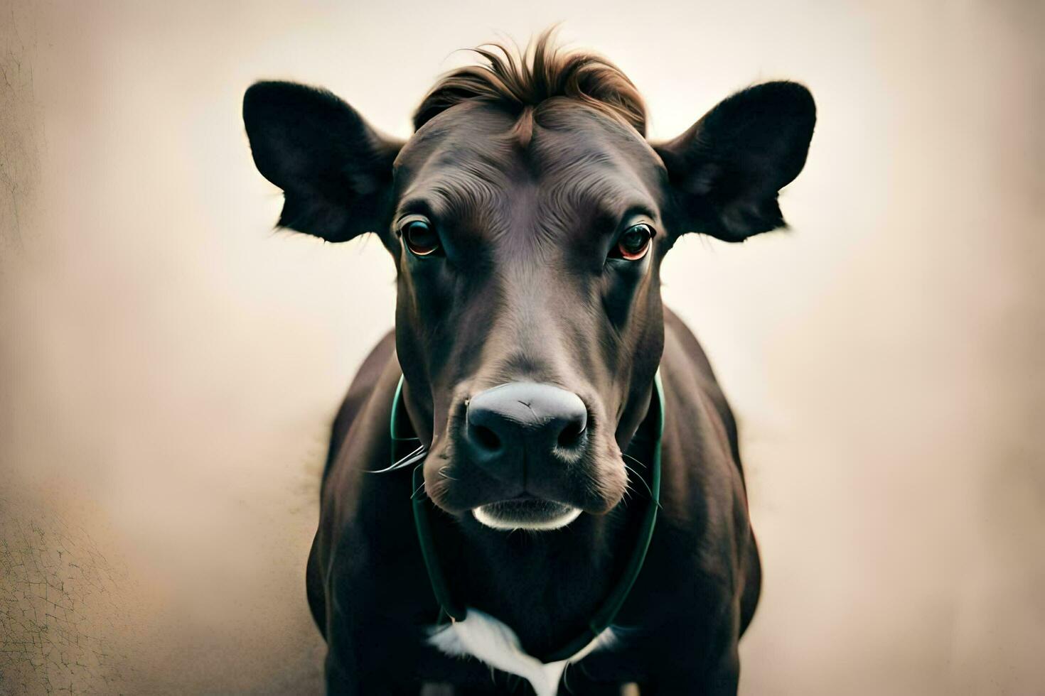 Portrait of a black cow on a brown background. Closeup AI Generate photo
