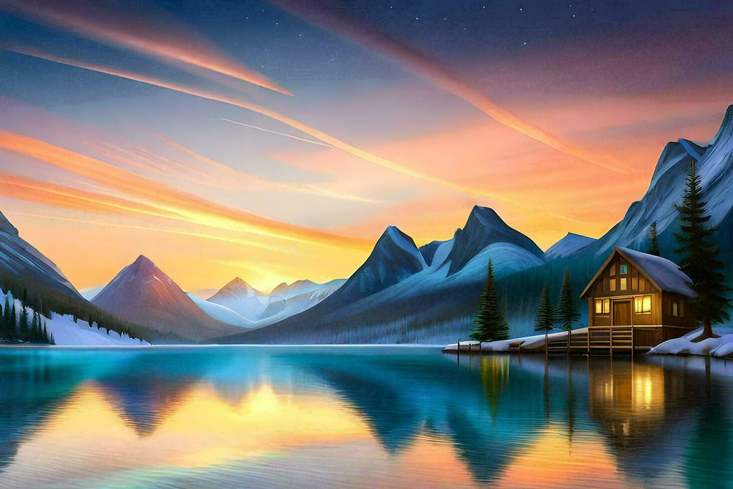 Fantastic winter landscape with mountain lake and wooden house at sunset AI Generate photo