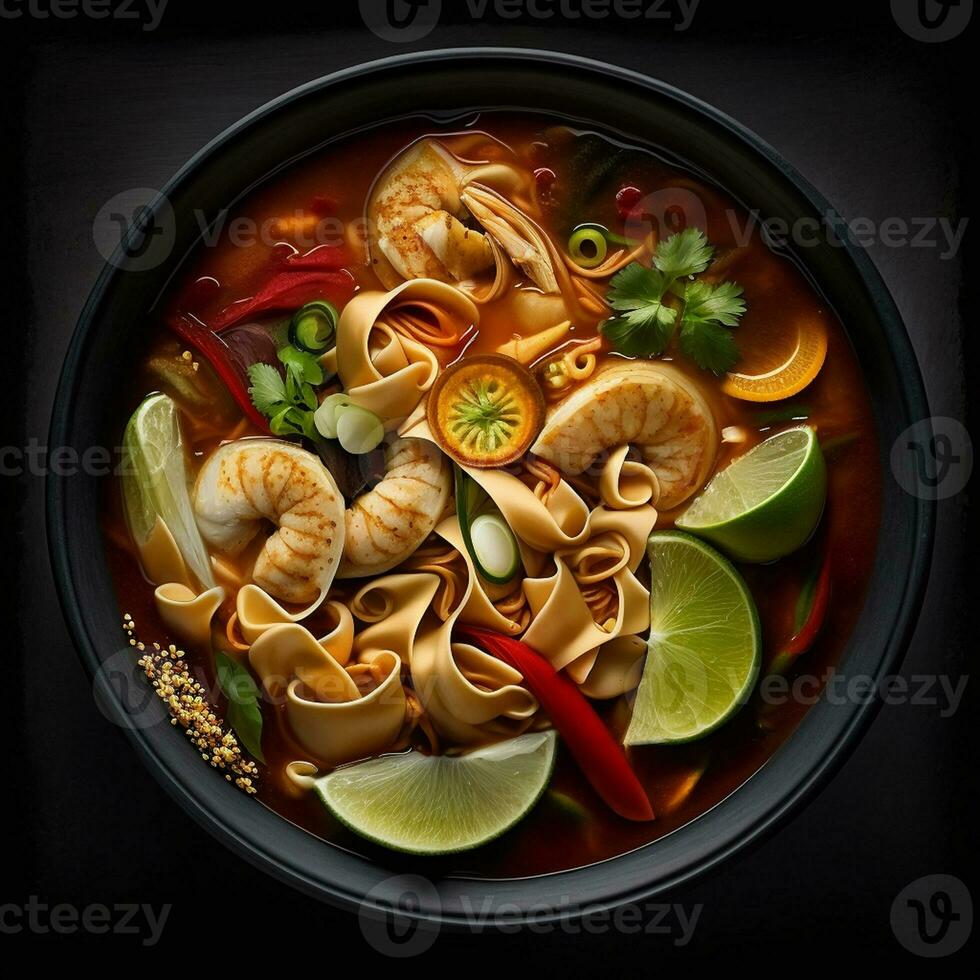 Bowl of spicy Thai soup with shrimp and vegetables on black background AI Generate photo